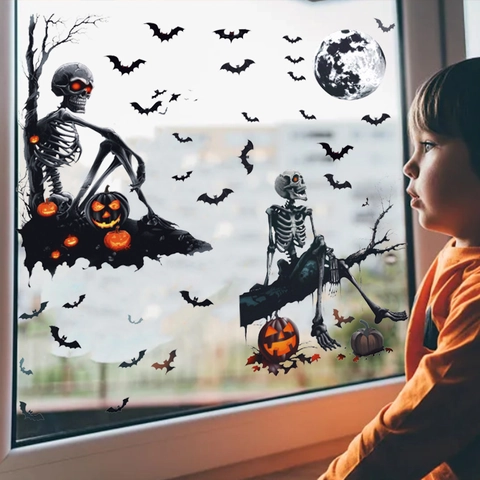 Halloween Fensteraufkleber Horror Skelett Fledermaus Kürbis Mond Statisch Haftende PVC 3D Dekoration Für Glas Party Deko