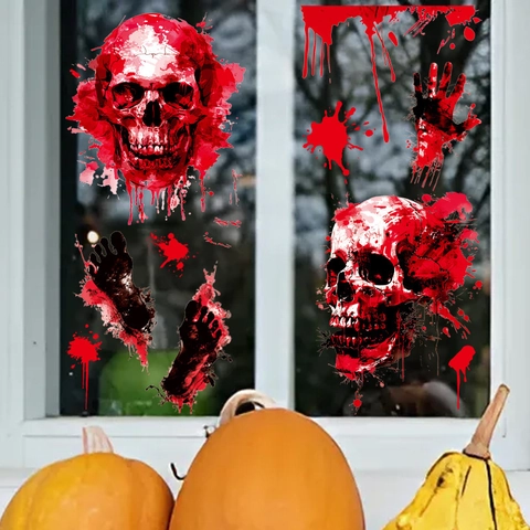 Halloween Window Stickers Horror Skull Blood Handprint Static Cling PVC Decals For Party Home Decor Gothic Wall Stickers