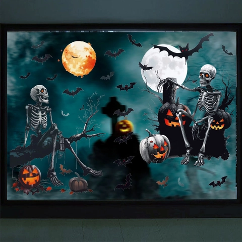Halloween Skeleton Bat Window Stickers Static Cling Pumpkin Moon Spooky Decor For Shop Glass Windows PVC Wall Decals