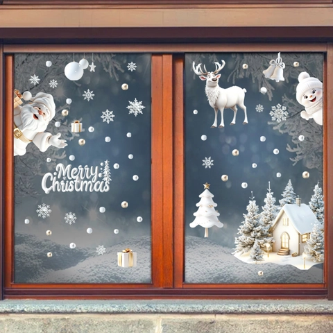 3D-Effekt Weihnachts-Fensteraufkleber PVC Statisch Haftend Weihnachtsmann Schneemann Rentier Schneeflocken Glasdekor Zuhause