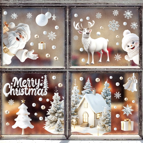 3D-Effekt Weihnachts-Fensteraufkleber PVC Statisch Haftend Weihnachtsmann Schneemann Rentier Schneeflocken Glasdekor Zuhause