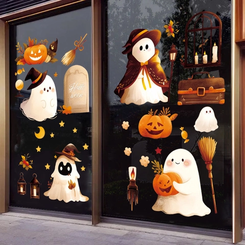 Halloween 3D Niedliche Geist Kürbis Statische Fensteraufkleber Für Glastür Party Dekoration PVC Cartoon Aufkleber
