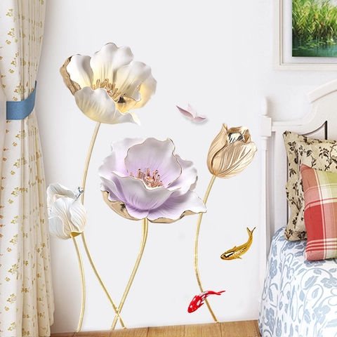 3D Effect Tulip Flower Wall Stickers PVC Waterproof Self Adhesive Decorative Decals For Bedroom Living Room Koi Fish Butterfly Decor