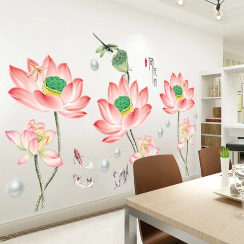 Sticker Mural Fleur de Loto Style Encre Chinoise Imperméable PVC Amovible pour Salon Chambre Couloir Décoration de la Maison
