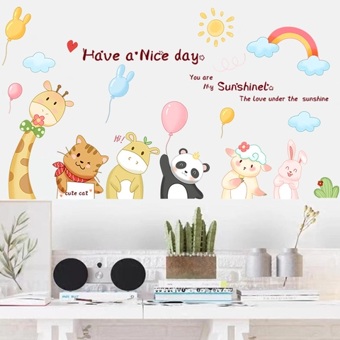Adesivi Murali Animali Cartoni Animati Per Decorazione Cameretta Bambini Arcobaleno Sole Panda Giraffa PVC Autoadesivo Decalcomania