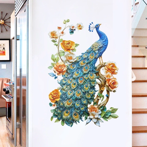 Adesivi Murali 3D Pavone e Fiori con Stampa a Caldo Laser Nano UV Plastica Decalcomanie Decorative Autoadesive per Soggiorno