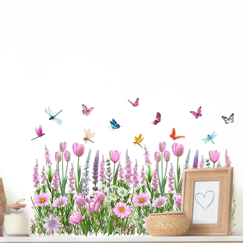 Tulpe Blume Schmetterling Libelle Wasserdicht PVC Wandtattoo Modern Pastoraler Stil Abnehmbar Selbstklebend Deko Für Wohnzimmer Haus