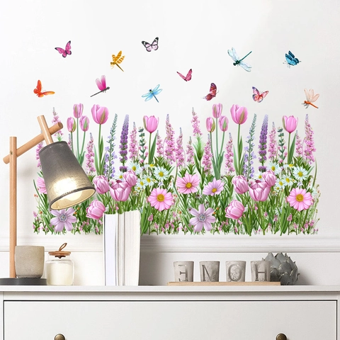Tulpe Blume Schmetterling Libelle Wasserdicht PVC Wandtattoo Modern Pastoraler Stil Abnehmbar Selbstklebend Deko Für Wohnzimmer Haus