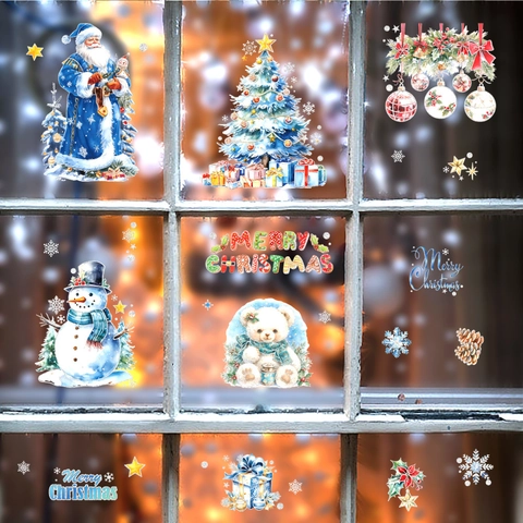 Weihnachten Fensteraufkleber Statisch Haftend Weihnachtsmann Schneemann Weihnachtsbaum Blau Schneeflocke Glas Dekore Für Feiertag