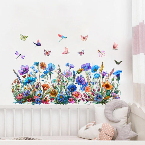 Blau Blume Schmetterling Libelle PVC Wandsticker Wasserdicht Selbstklebend Aquarell Floral Deko Für Wohnzimmer Schlafzimmer Zuhause