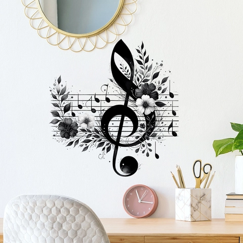 Adesivo da Parete Note Musicali Chiave di Violino Fiore Impermeabile PVC Arte Decalcomania per Soggiorno Camera da Letto Studio Musicale