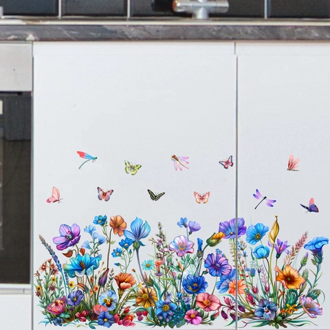 Blau Blume Schmetterling Libelle PVC Wandsticker Wasserdicht Selbstklebend Aquarell Floral Deko Für Wohnzimmer Schlafzimmer Zuhause
