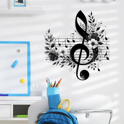 Adesivo da Parete Note Musicali Chiave di Violino Fiore Impermeabile PVC Arte Decalcomania per Soggiorno Camera da Letto Studio Musicale