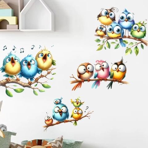 Cartoon Birds Tree Branch Wall Sticker Waterproof PVC Removable Animal Decals For Kids Room Nursery Home Wall Decoration