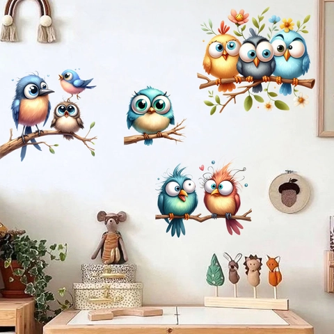 Adhesivo de Pared de Pájaro en Rama de Árbol Impermeable de PVC Calcomanía Colorido Animal Floral Mural para Habitación de Niños