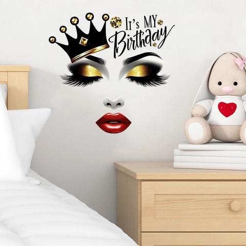 Queen Birthday Wall Sticker Waterproof PVC Fashion Eyelashes Red Lips Gold Crown Art Decal For Bedroom Party Women Decoration
