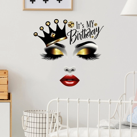 Queen Birthday Wall Sticker Waterproof PVC Fashion Eyelashes Red Lips Gold Crown Art Decal For Bedroom Party Women Decoration