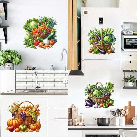 Realistic Fruit Vegetable Basket Wall Sticker Waterproof PVC Refrigerator Decal For Kitchen Dining Room Home Decor Harvest