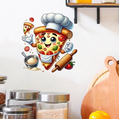 Cartoon Pizza Chef Wall Sticker Waterproof Removable PVC Kitchen Decor Self Adhesive Dining Room Restaurant Wall Mural