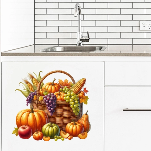 Realistic Fruit Vegetable Basket Wall Sticker Waterproof PVC Refrigerator Decal For Kitchen Dining Room Home Decor Harvest