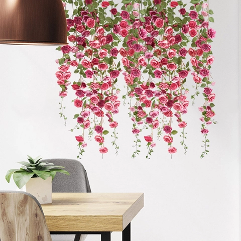 Adesivi da Parete in PVC Impermeabili con Viti di Rose Rosa Floreali Decalcomanie Autoadesive per Soggiorno Camera da Letto