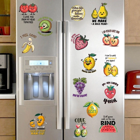 Cartoon Fruit Pun Wall Stickers Waterproof PVC Removable Fruit Pattern Wall Decals For Kitchen Dining Room Refrigerator Decor