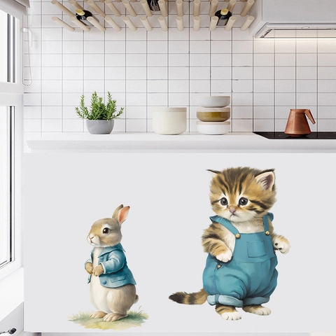 Aquarell Cartoon Hase Katze Wandaufkleber Wasserdicht PVC Abnehmbar Tier Decals Für Kinderzimmer Kindergarten Home Dekor