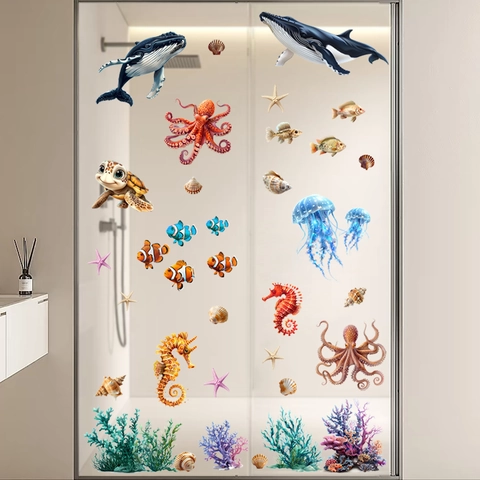 Ocean World Marine Life Static Window Stickers PVC Waterproof Whale Sea Turtle Octopus Pattern Bathroom Fridge Decoration