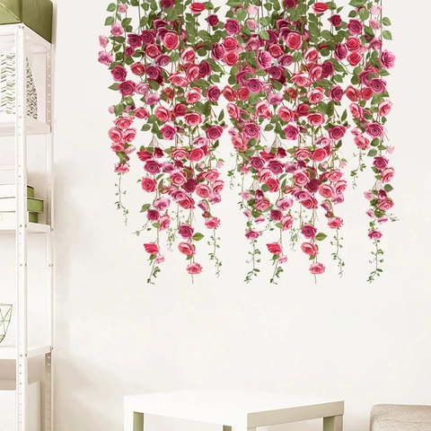 Adesivi da Parete in PVC Impermeabili con Viti di Rose Rosa Floreali Decalcomanie Autoadesive per Soggiorno Camera da Letto