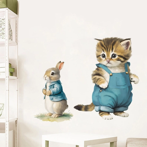 Aquarell Cartoon Hase Katze Wandaufkleber Wasserdicht PVC Abnehmbar Tier Decals Für Kinderzimmer Kindergarten Home Dekor