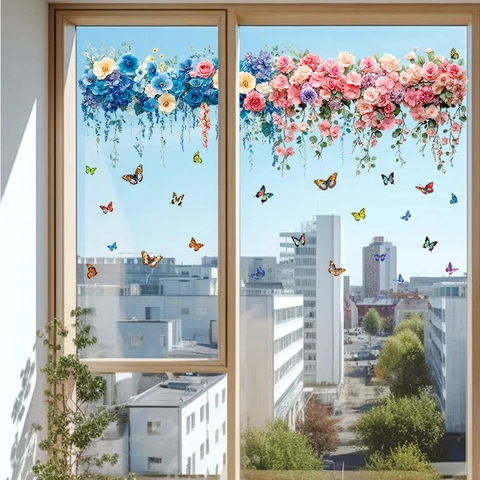 Statische Haftung Rose Blumenranke Fensteraufkleber Mit Schmetterlingen PVC Wasserdichte Abziehbilder Für Glastür Kühlschrank