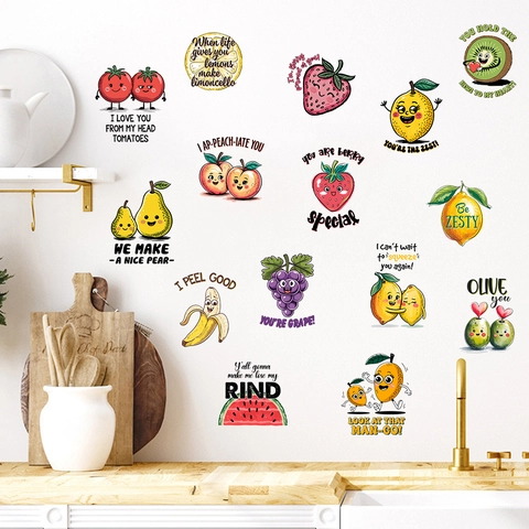 Cartoon Fruit Pun Wall Stickers Waterproof PVC Removable Fruit Pattern Wall Decals For Kitchen Dining Room Refrigerator Decor