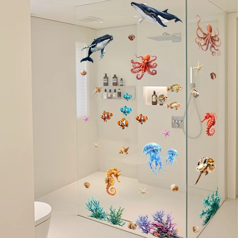 Ocean World Marine Life Static Window Stickers PVC Waterproof Whale Sea Turtle Octopus Pattern Bathroom Fridge Decoration