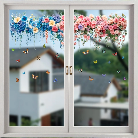 Statische Haftung Rose Blumenranke Fensteraufkleber Mit Schmetterlingen PVC Wasserdichte Abziehbilder Für Glastür Kühlschrank