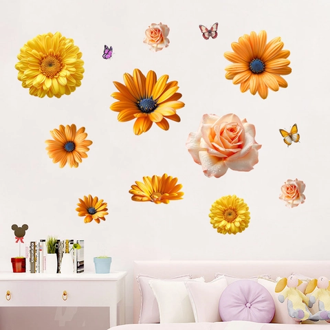 Gänseblümchen Rose Blume Schmetterling Wasserdicht Selbstklebend Wandaufkleber PVC Abnehmbare Wandbild Dekor Für Wohnzimmer