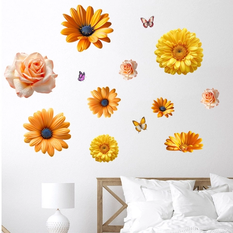 Gänseblümchen Rose Blume Schmetterling Wasserdicht Selbstklebend Wandaufkleber PVC Abnehmbare Wandbild Dekor Für Wohnzimmer