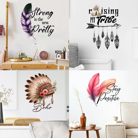 Bohemian Feather Wall Sticker PVC Waterproof Removable Motivational Quotes Decal For Living Room Bedroom Home Art Decor