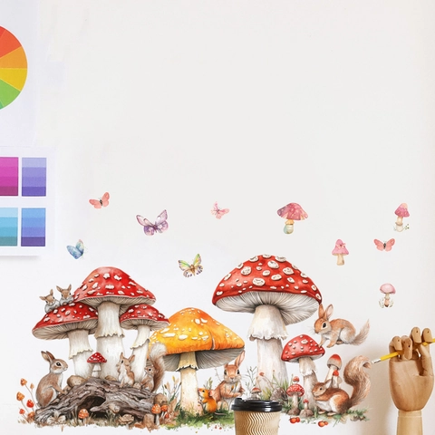 Watercolor Mushroom Squirrel Forest Wall Stickers Waterproof PVC Self Adhesive Decals For Kids Room Bedroom Nursery Home Decor
