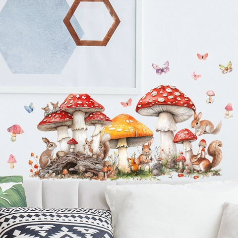 Watercolor Mushroom Squirrel Forest Wall Stickers Waterproof PVC Self Adhesive Decals For Kids Room Bedroom Nursery Home Decor
