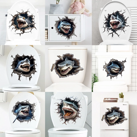 3D Durchbruch Wand Hai Wandaufkleber Wasserdicht Abnehmbar Selbstklebend PVC Aufkleber Für Wohnzimmer Schlafzimmer Badezimmer Toilette