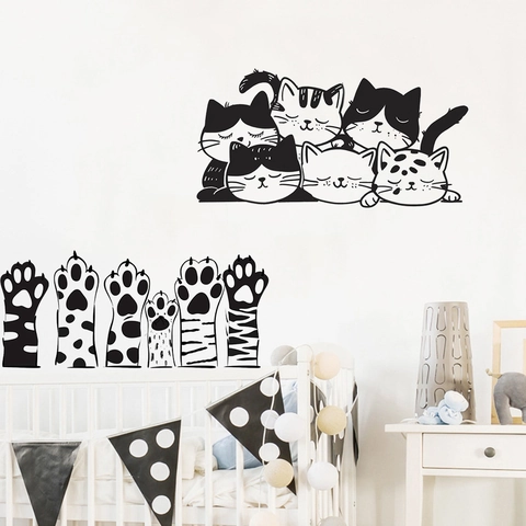 Simpatici Adesivi da Parete con Gatti Impilati e Zampe di Gatto Impermeabile PVC DIY Decorazione Casa Minimalista Animali