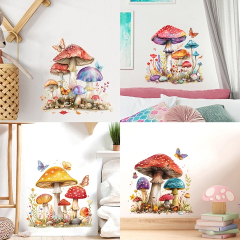 Aquarell Pilz Schmetterling Wandaufkleber PVC Wasserdicht Dekorative Wandtattoos Für Wohnzimmer Schlafzimmer Kinderzimmer Deko