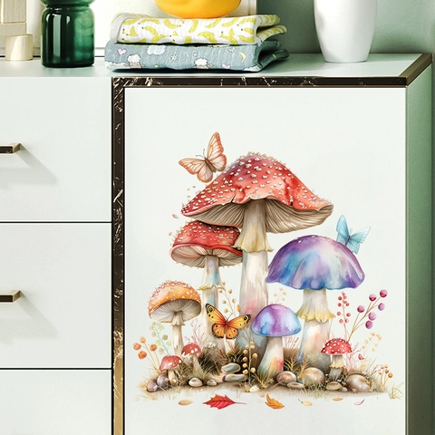 Aquarell Pilz Schmetterling Wandaufkleber PVC Wasserdicht Dekorative Wandtattoos Für Wohnzimmer Schlafzimmer Kinderzimmer Deko