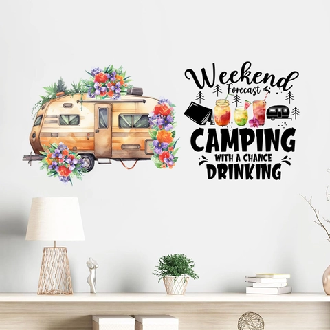 Vinilo de Pared de Autocaravana Vintage con Flores Acuarela Slogan de Camping Impermeable PVC Pegatina para Sala de Estar Dormitorio