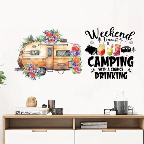 Vinilo de Pared de Autocaravana Vintage con Flores Acuarela Slogan de Camping Impermeable PVC Pegatina para Sala de Estar Dormitorio