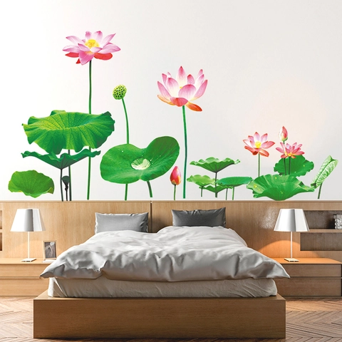 3D Lotusbloem Muurstickers Chinese Stijl Roze Lotusblad Goudvis Libel Vlinder PVC Waterdicht Verwijderbare Decals Huis Decoratie
