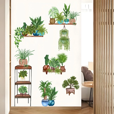 Wasserdicht Grüne Pflanzen Wandtattoo Aquarell Topfpflanze Hängekorb PVC Aufkleber Für Wohnzimmer Schlafzimmer Flur Deko