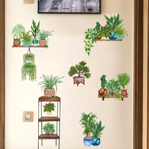 Wasserdicht Grüne Pflanzen Wandtattoo Aquarell Topfpflanze Hängekorb PVC Aufkleber Für Wohnzimmer Schlafzimmer Flur Deko