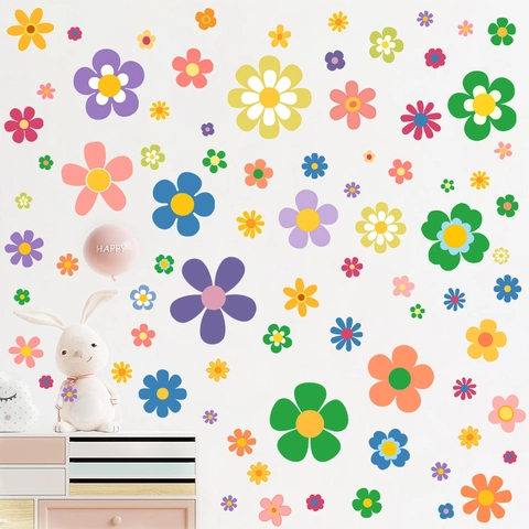 Multicolor Daisy Flower Wall Sticker Set Waterproof PVC Removable Floral Decal For Kids Room Bedroom Living Room Decor