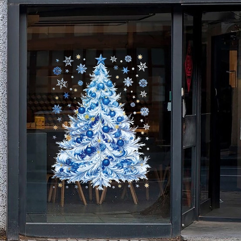 Christmas Window Clings Double Sided Static Stickers PVC Blue White Tree Holiday Glass Decor Snowflakes Stars Reusable